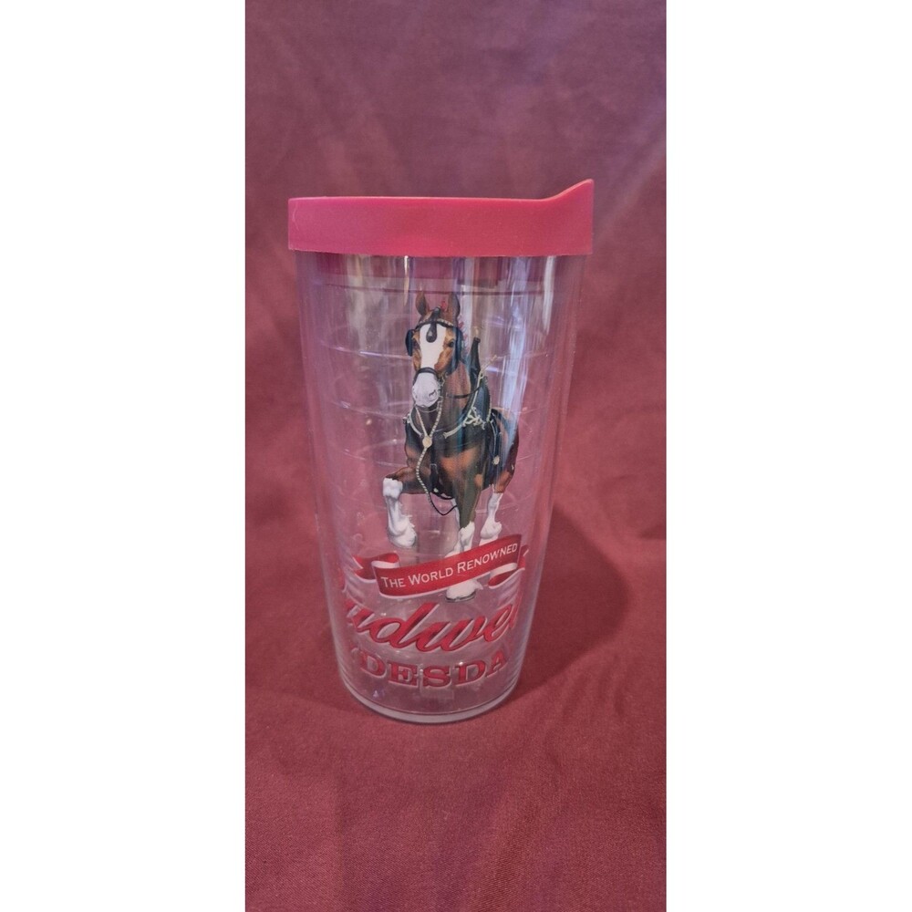 VTG Tervis Tumbler Budweiser Clydesdales 16oz Travel Cup Mug Red Lid Beer EUC